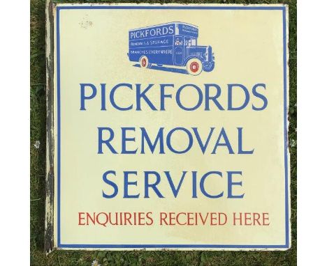 A rare Pickfords Removals Service part pictorial double sided enamel sign with hanging flange, with good gloss, 20 x 21". 