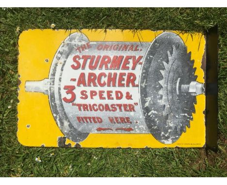 A Sturmey Archer pictorial double sided enamel sign with re-attached new flange by Imperial Enamel, 21 x 13".