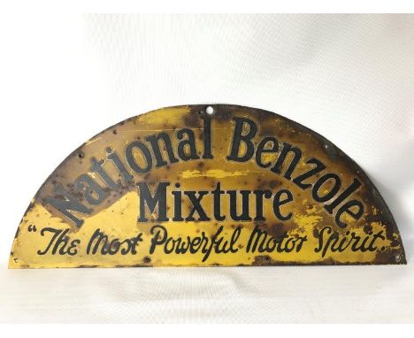 A rare National Benzole Mixture 'The Most Powerful Motor Spirit' semi circular enamel advertising sign, possibly to suit an o