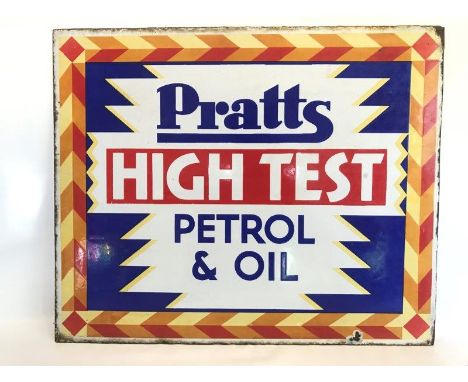 A Pratts Hi-Test Petrol and Oil brightly coloured double sided enamel sign, lacking hanging flange, otherwise in good conditi