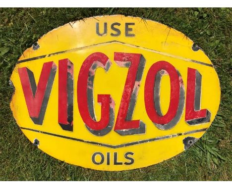 A Vigzol Oils oval double sided enamel sign, 23 3/4 x 17 3/4".