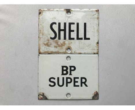Two enamel petrol pump tags for Shell and BP Super. 