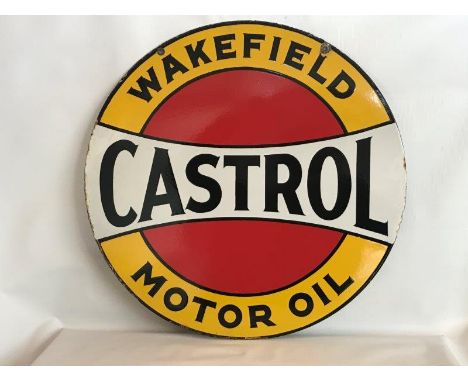 A good Wakefield Castrol Motor Oil circular double sided enamel sign, with excellent gloss to both sides, 24" diameter.
