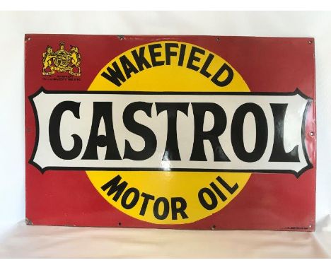 A good Wakefield Castrol Motor Oil rectangular enamel sign by Stocal of Burton and Birmingham, with Royal crest to the top le