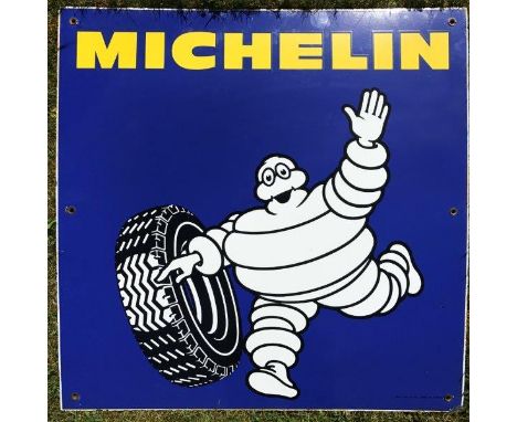 A Michelin pictorial enamel sign depicting Mr. Bibendum rolling a tyre, 25 1/2 x 25 1/2".