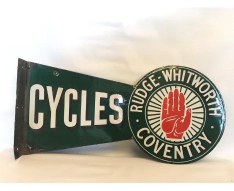 A good Rudge Whitworth of Coventry Cycles double sided enamel sign by Chromo, with good gloss to both sides, 25 x 12".