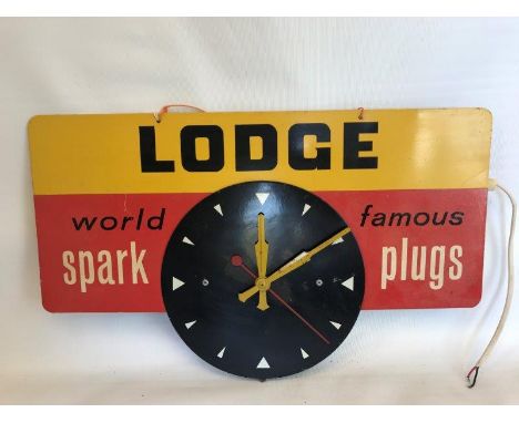 A Lodge World Famous Spark Plugs showroom clock sign, 18 x 11".