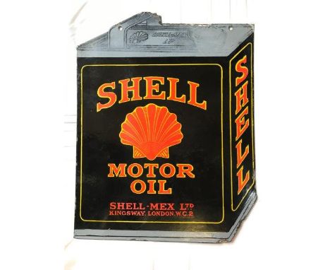 A good Shell Motor Oil double sided can-shaped hanging enamel sign with two minor spots of restoration, the earlier dark grey