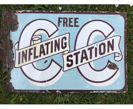 An unusual and early 'Free Inflating Station' double sided enamel sign by Patent Enamel, 18 1/4 x 12 1/2".