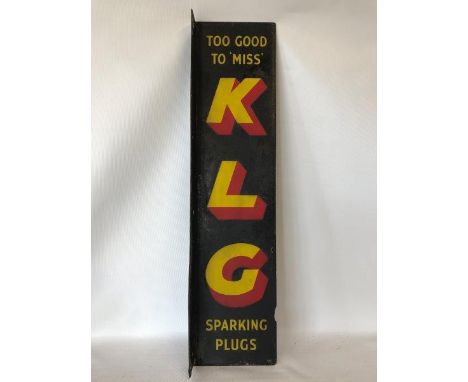 A KLG Spark Plugs double sided enamel sign with hanging flange, 6 x 25".