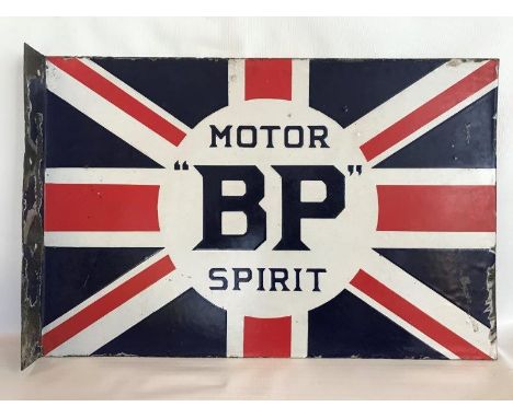 A BP Motor Spirit Union Jack double sided enamel sign with hanging flange, in good condition, 24 x 16".