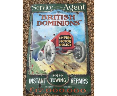 A British Dominions 'Empire' Motor Policy pictorial enamel sign - £17,000,000,00 worth of assets, with restoration, 40 x 60".