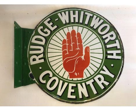 A Rudge-Whitworth of Coventry partial enamel sign with new applied flange, 12 1/2 x 12".