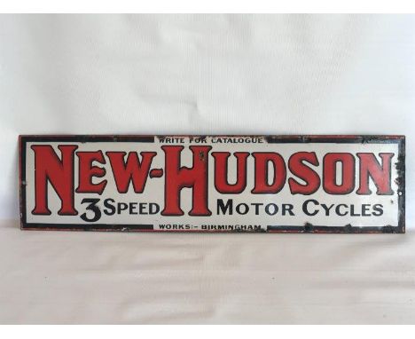 A New Hudson three speed motor cycles 'write for catalogue' rectangular enamel sign, 24 x 6".