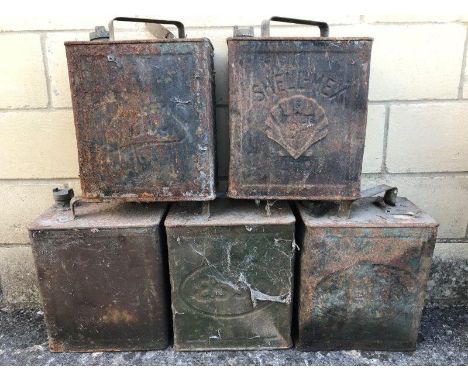 Five two gallon petrol cans including one with a Redline cap.