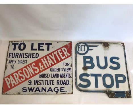 A rectangular enamel sign - To Let Furnished Apply Direct to Parsons Hayter, 9 Institute Road, Swanage, by Patent Enamel, 15 