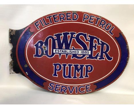 A rare and early Bowser pump filtered petrol oval double sided enamel sign by Bruton of Palmers Green, lacking hanging flange