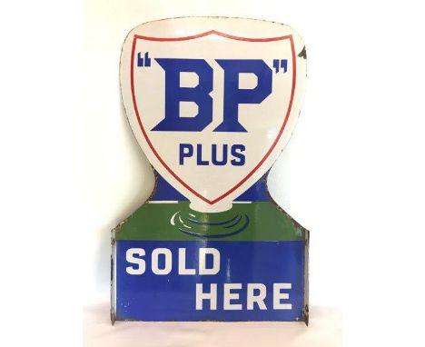 A rare BP Plus Sold Here double sided globe-shaped enamel sign by Franco, in excellent condition, 20 x 31 3/4".