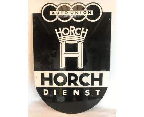 A reproduction Auto Union Horch shaped enamel sign, 23 3/4 x 34 1/2".