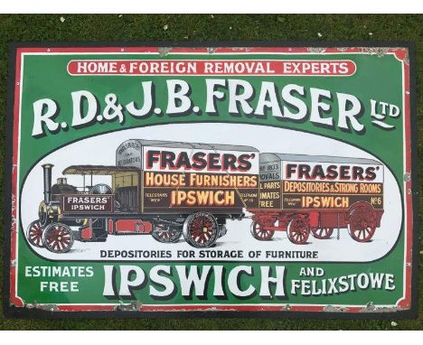 An R.D. and J.B. Fraser Limited pictorial enamel sign depicting a steam powered removal lorry and trailer, with good colour a