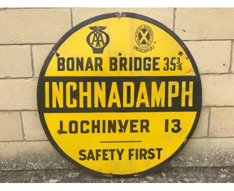 An early AA and Royal Scottish Automobile Club combined circular village road sign for Inchnadamph, by Franco, 30" diameter w