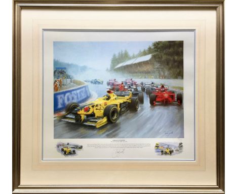 A framed and glazed Tony Smith 'Jordan's Conquest' limited edition Formula One lithograph print, 139/395, pencil signed by th