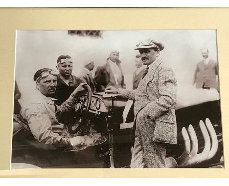 A framed and glazed photographic print depicting German Ace 'Stuck' in his Grand Prix Mercedes, 20 1/4 x 16 1/4".