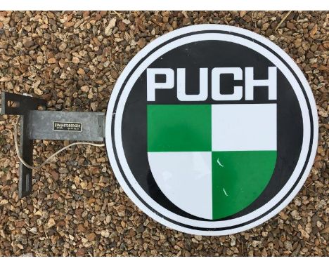 A Puch double sided hanging plastic lightbox with metal bracket, the box itself approx. 25" diameter.
