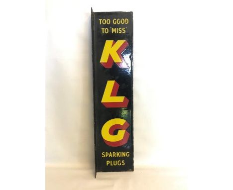 A KLG Sparking Plugs double sided narrow enamel sign with hanging flange, 6 x 25".
