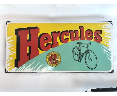 A Hercules Cycle and Motor Company Limited part pictorial enamel sign, in good condition, 18 3/4 x 9".