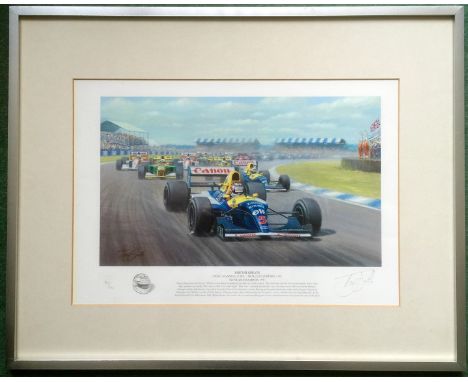 A framed and glazed Tony Smith 'British Greats' limited edition Nigel Mansell lithograph print, 169/600, pencil signed by the