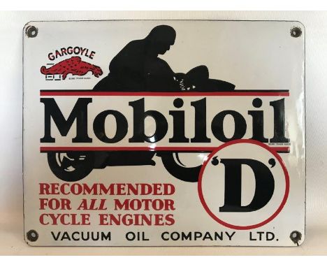 A good Mobiloil 'D' grade part pictorial oil cabinet enamel sign with motorcyclist motif, the sign in near mint condition, 11