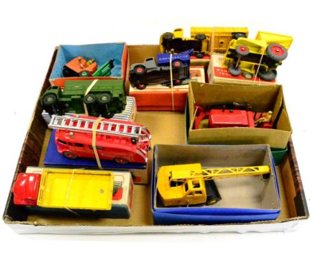 Dinky Boxed Commercials 531 Leyland Comet lorry, 555 Fire engine, 571 Coles Mobile crane, 14c Fork Lift, 622 10-ton Army truc
