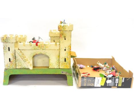 Tri-ang (?) Wooden Fort with four towers, metal gun turrets with firing mechanism and fitted with electric lighting 17x14'', 