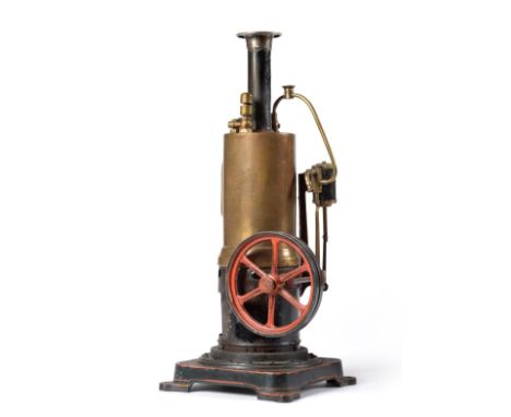 Bing Live Steam Stationary Engine consisting of vertical brass boiler with chimney and glass water gauge connected to a singl