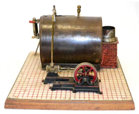 Bing 'VANNA' Live Steam Stationary Engine consisting of horizontal brass boiler surrounded by large tin shroud having gantry 
