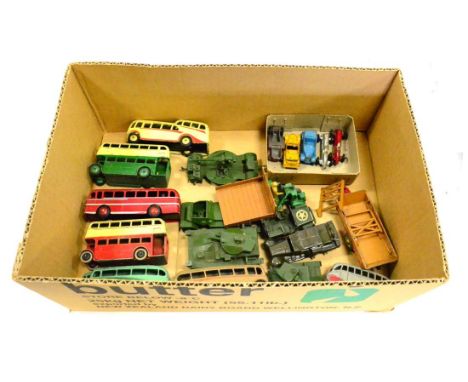 Dinky Buses And Military Models including an early post-way double deck bus with AEC grill, Observation coach, Medium tank, L