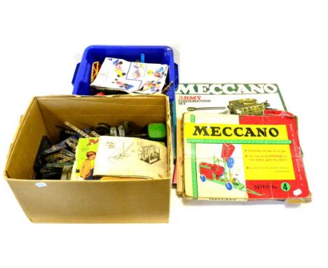 Meccano Sets And Loose Parts including Army Set (Makes 10 Models) (G box G-F) No.4 Set red/green (box P)  and a box for 1970'