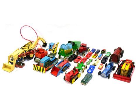 Various Tinplate Tractors And Earthmoving Toys including Ford 4000 with shovel and excavator battery operated remote control,