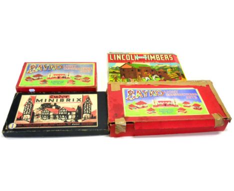 Bayko Two Light Construction Sets No.5 and No.1 together with a Tudor Minibrix set and a Lincoln Timbers Construction set (bo