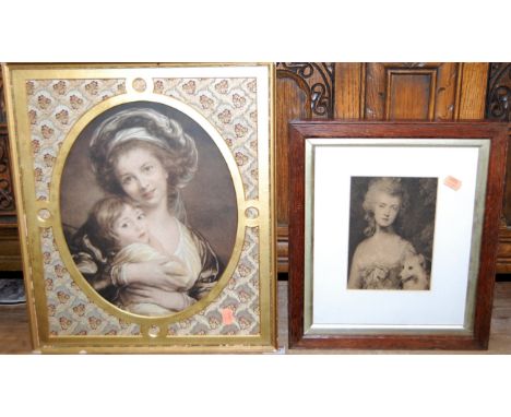 Late 19th century woolwork panel - The Sailor's Return, 49x49cm, together with two Victorian monochrome portrait prints (3)