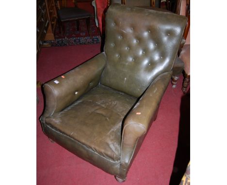 A late Victorian walnut framed and green hide upholstered open armchair raised on turned forelegs, together with one other si