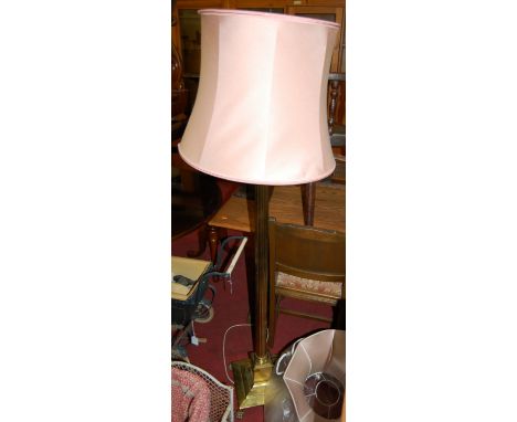 A polished brass Corinthian column standard lamp, with two sundry shades, h. 130cm (excluding fittings)