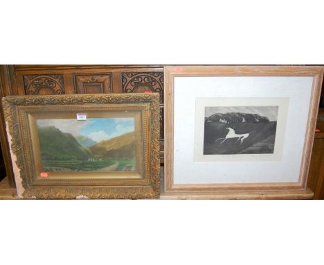 S May - cottages in a north country landscape, oil, 21x34cm; and Felicity Roma Bowers - The White Horse, artist proof, lithog