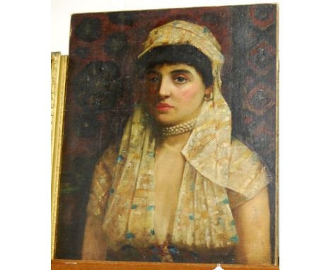 Continental school - half length portrait of a gypsy woman wearing a pearl choker, oil on canvas (re-lined) 60x50cm