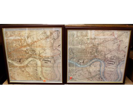 Pair reproduction survey maps of London from 1829 together with a framed oriental silkwork panel measuring 56x24cm, and Carl 