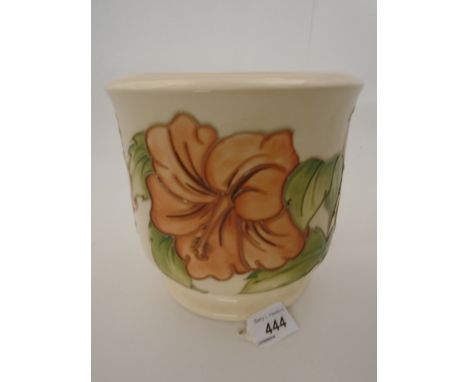 MOORCROFT POTTERY LARGE PLANTER DECORATED IN THE CORAL HIBISCUS PATTERN ON A CREAM BACKGROUND, APPROX 18CM TALL, BOXED