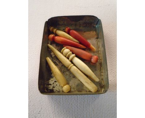 7 BONE GAME PIECES HALF DYED RED POSSIBLE FROM BACKGAMMON SET