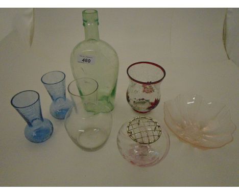 7 PIECES OF GLASS TO INCLUDE CRACKLE GLASS, CARAFE AND CAITHNESS CRYSTAL VASE