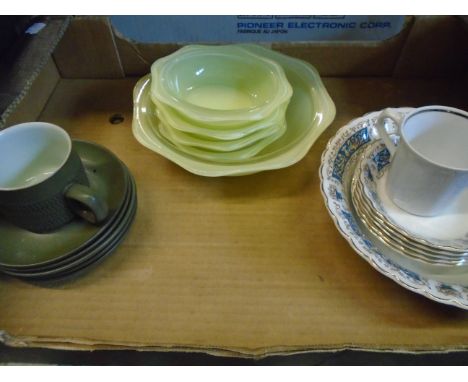 BOX OF CHINA TO INCLUDE 6 MYOTT DISHES, 6 PIECES OF DENBY AND 5 YELLOW PYREX DISHES
